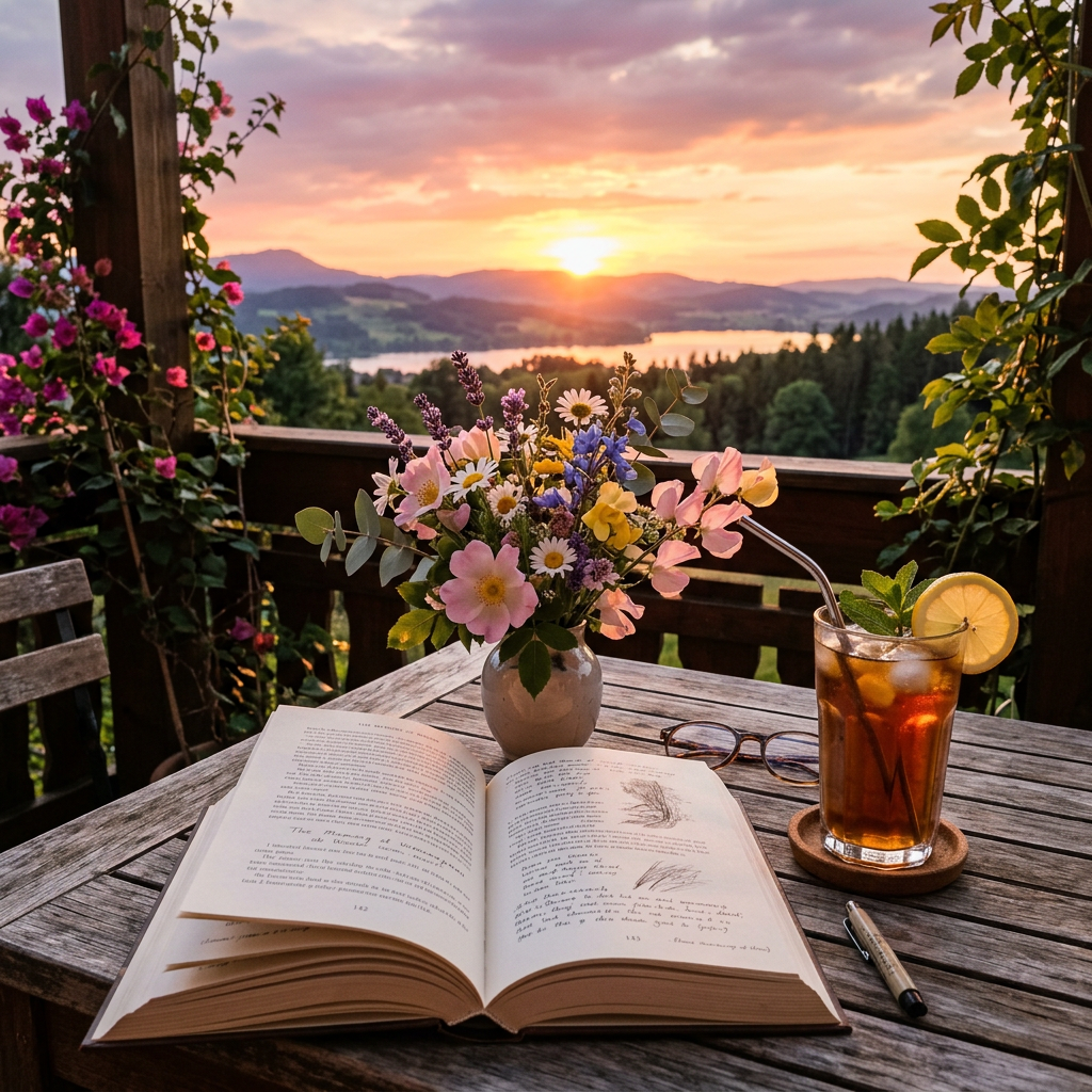 Open book with illustrations on wooden table, vase of flowers, iced tea with lemon, reading glasses, and pen on patio overlooking sunset and lake.